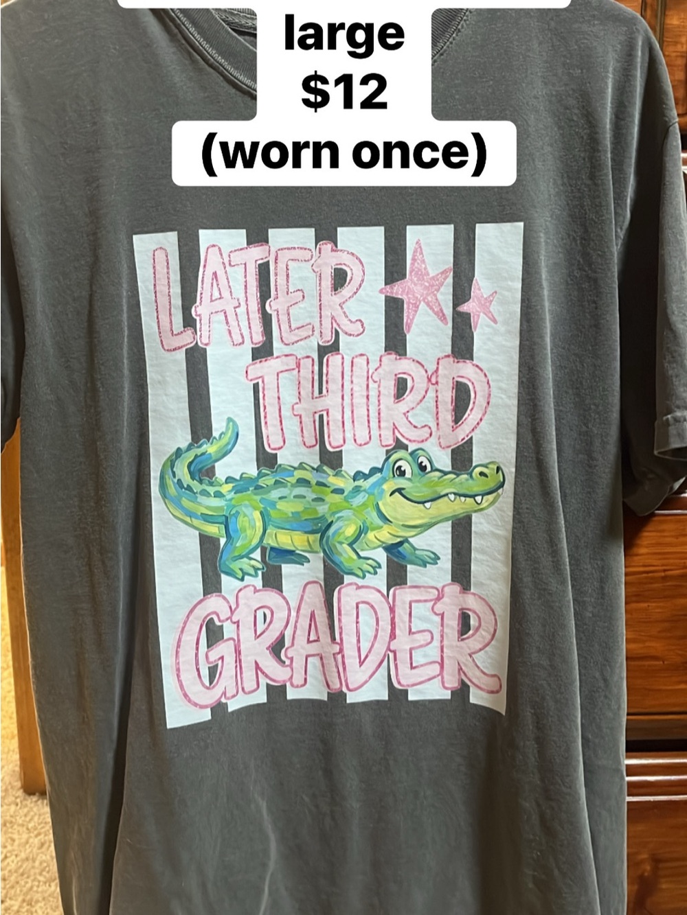 Comfort Colors Charcoal Tee with Pink Lettering and Green Alligator Graphic